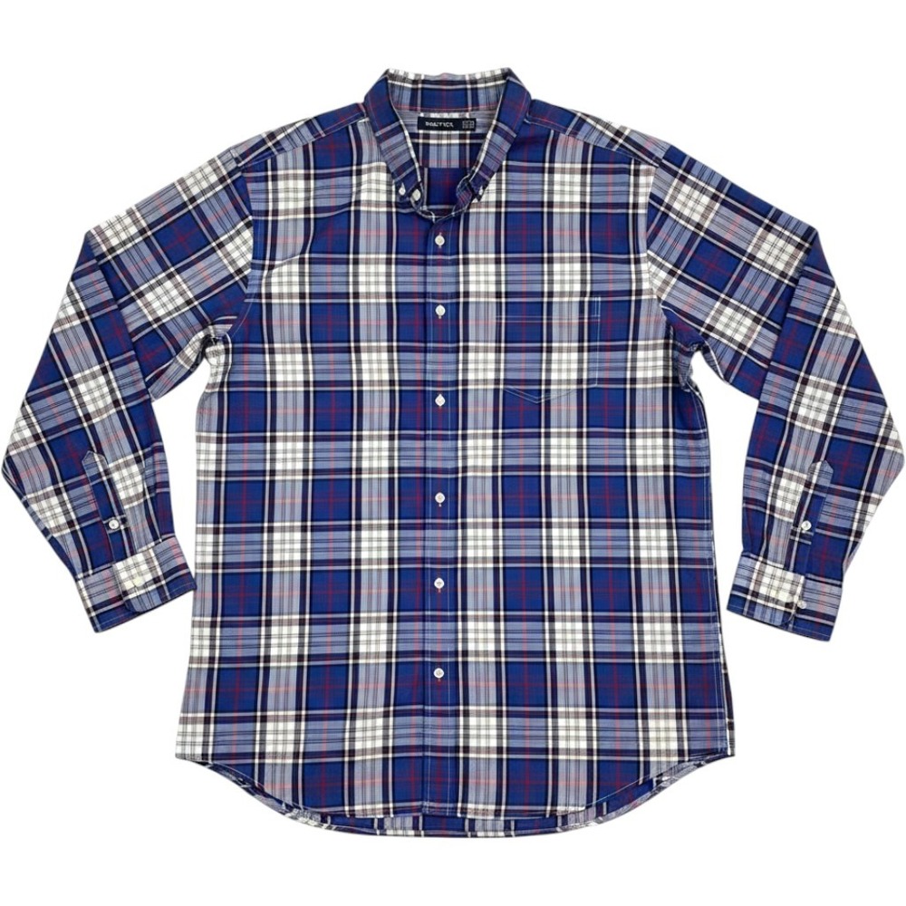 Nautica Men's Long Sleeve Button Down Shirt Blue Plaid Shirt Large L Cotton